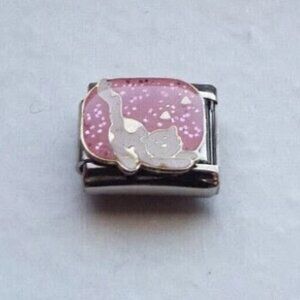 White cat on pink enamel 9mm stainless steel Italian bracelet charm link new